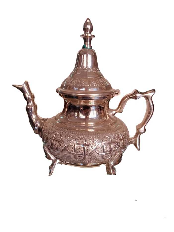 This silver teapot is made in Morocco to be used to prepare hot Moroccan mint tea, it has beautiful designs. Easy cleaning with Wright's Silver Cream or other silver cleaning products found in many hardware stores. This teapot can serve 8 glasses of the ones we have online. You want to allow about an inch and a half to two inches of empty space in the glasses to hold them from since tea could be hot. Check out our culture & recipes for a free Moroccan tea recipe.