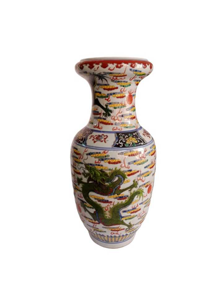 Large and sturdy Chinese porcelain Meiping Vase "Five Dragon" enamelled modern Chinese porcelain vase. A large vase of traditional meiping shape, with a splayed foot supporting a balustrade-shaped body with high shoulders and a short, wide neck. A large vase decorated with five dragons molded in relief
