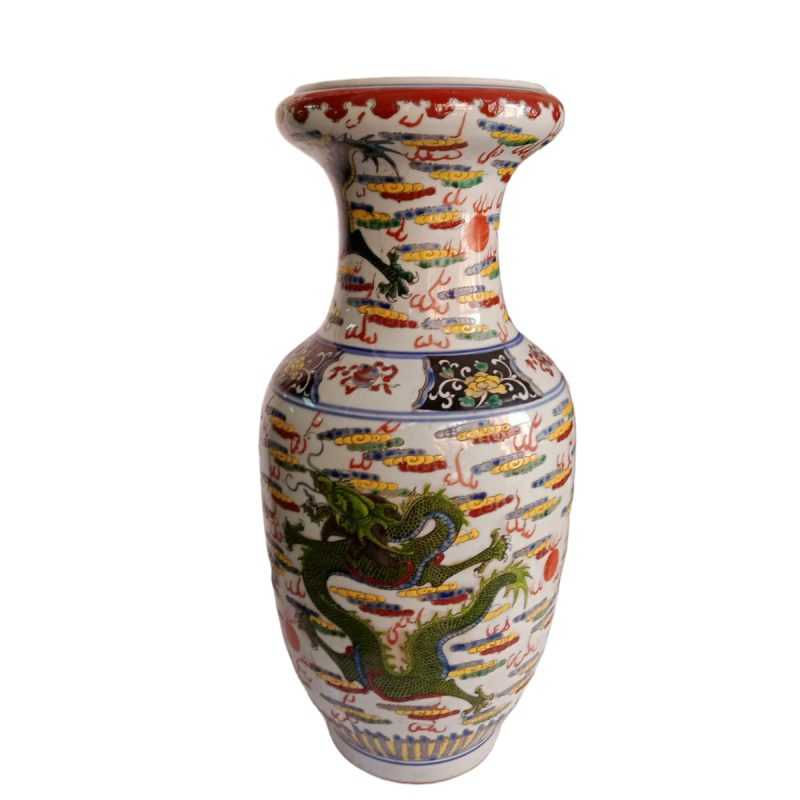 Large and sturdy Chinese porcelain Meiping Vase "Five Dragon" enamelled modern Chinese porcelain vase. A large vase of traditional meiping shape, with a splayed foot supporting a balustrade-shaped body with high shoulders and a short, wide neck. A large vase decorated with five dragons molded in relief
